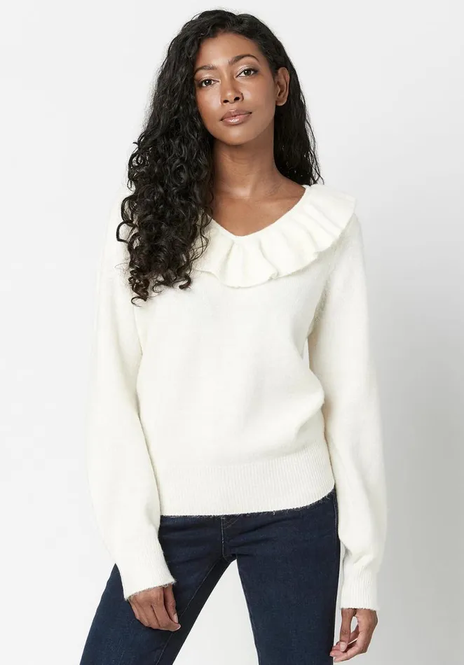 Women Ruffled and Relaxed Marianne Sweater Cream Buffalo David Bitton Sweaters