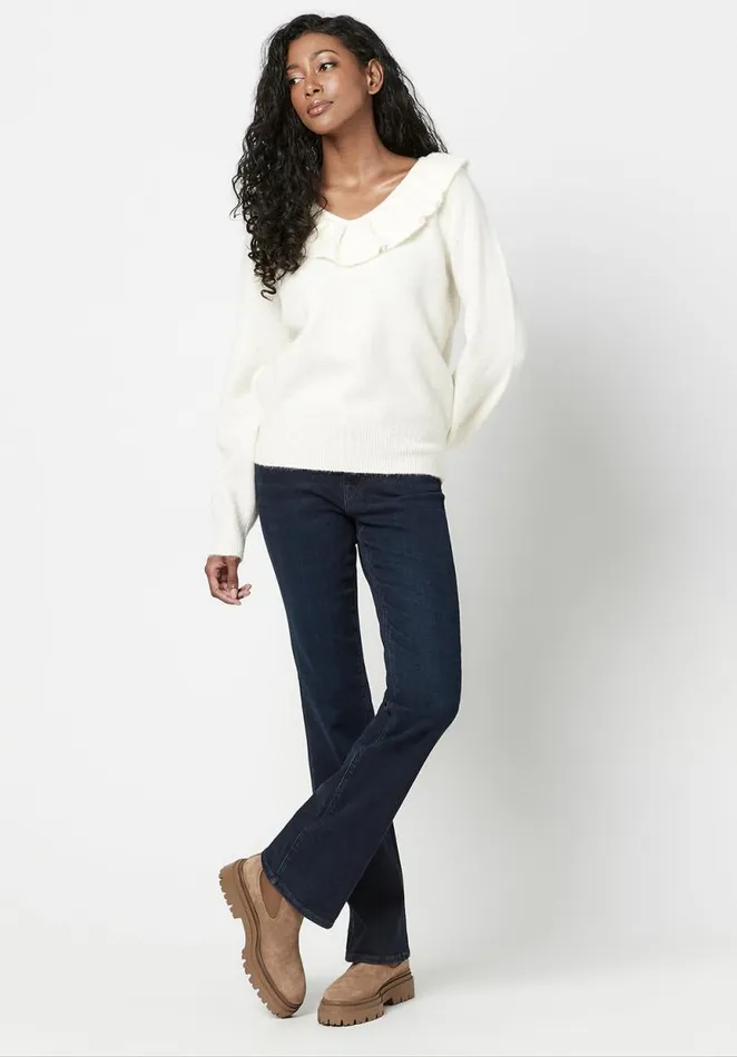 Women Ruffled and Relaxed Marianne Sweater Cream Buffalo David Bitton Sweaters