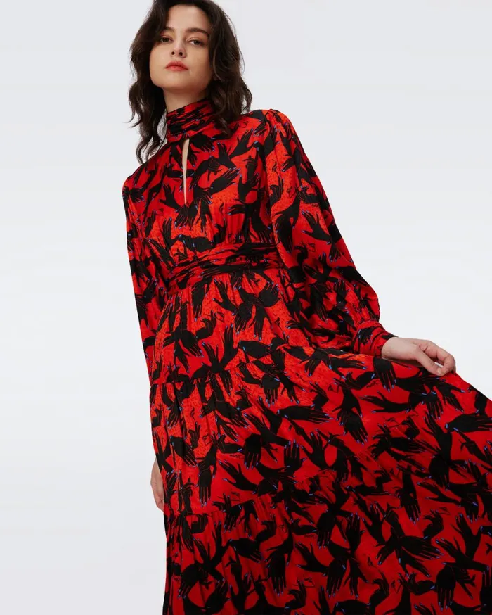 Women Sai Jacquard Dress Stage Hands Red DVF Dresses