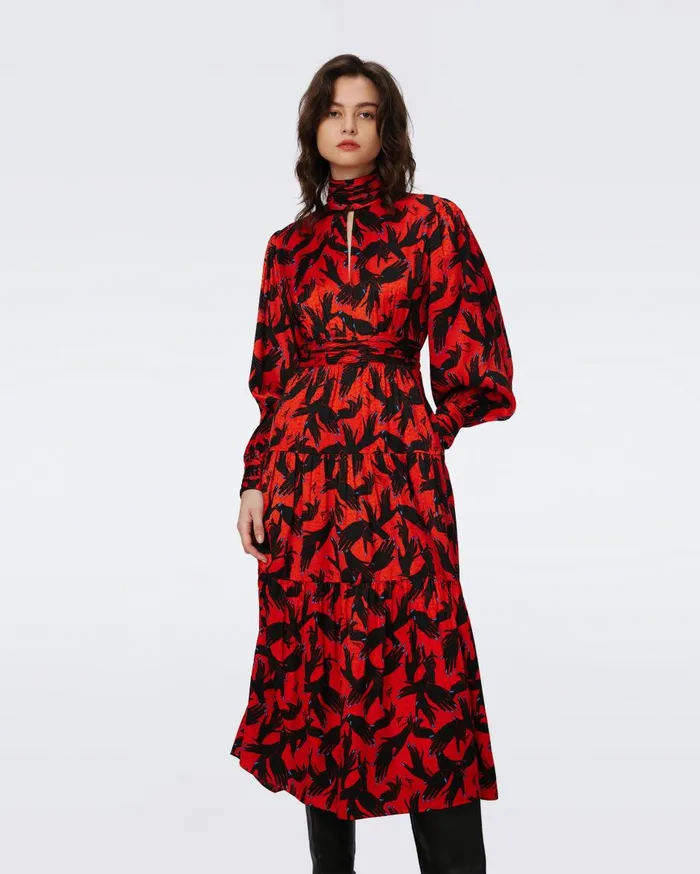 Women Sai Jacquard Dress Stage Hands Red DVF Dresses