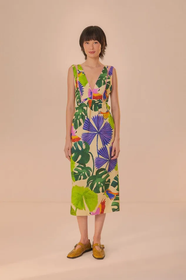 Women Sand Macaw Jungle V Neck Midi Dress Macaw Jungle Sand FARM Rio Midi Dresses Women Sand Macaw Jungle V Neck Midi Dress Macaw Jungle Sand FARM Rio Midi Dresses