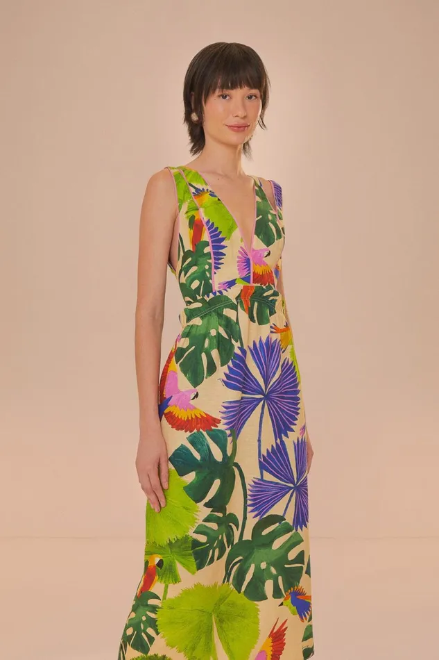 Women Sand Macaw Jungle V Neck Midi Dress Macaw Jungle Sand FARM Rio Midi Dresses