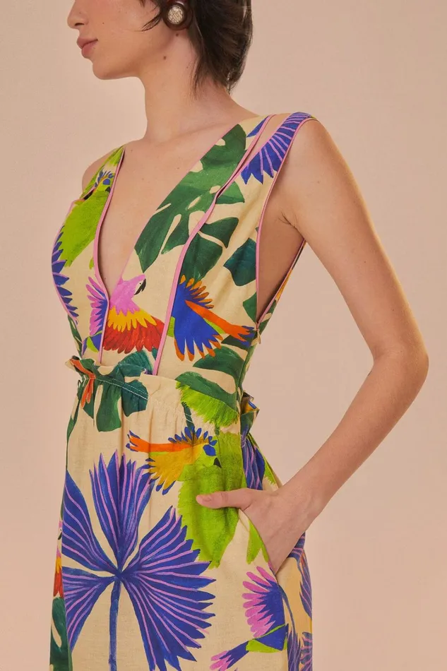 Women Sand Macaw Jungle V Neck Midi Dress Macaw Jungle Sand FARM Rio Midi Dresses