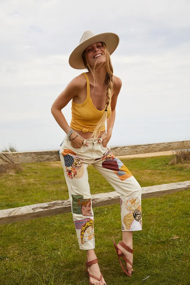 Women Statement Jeans Free People Sunnies Patched Boyfriend Jeans Ecru