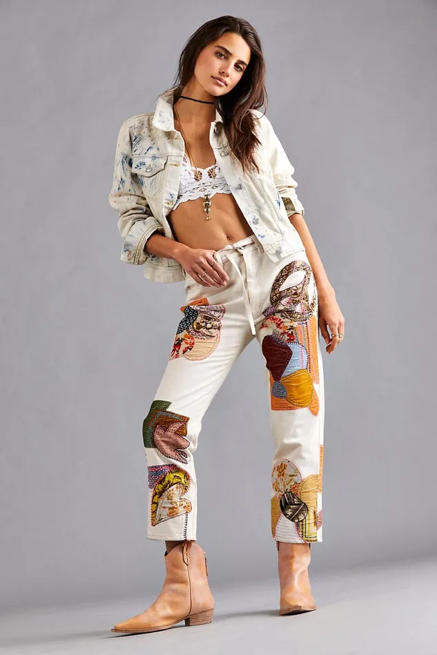 Women Statement Jeans Free People Sunnies Patched Boyfriend Jeans Ecru