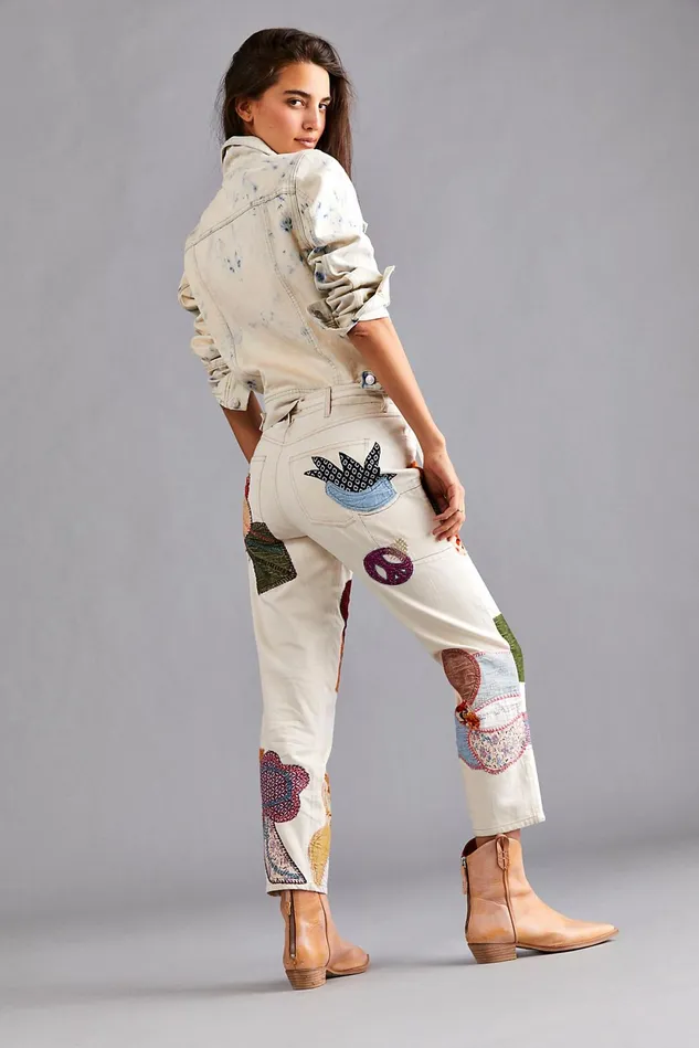 Women Statement Jeans Free People Sunnies Patched Boyfriend Jeans Ecru