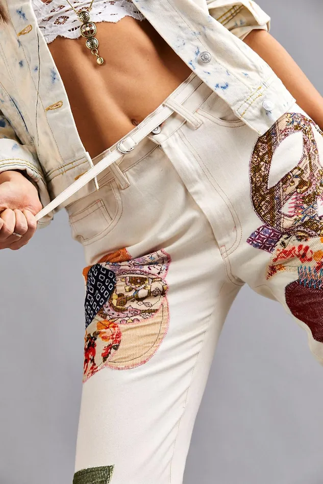 Women Statement Jeans Free People Sunnies Patched Boyfriend Jeans Ecru