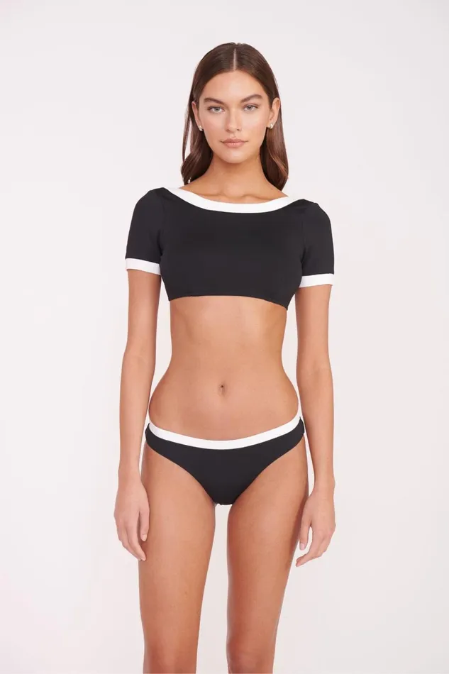Women STAUD Swim LILY SHORT SLEEVE BIKINI TOP BLACK WHITE