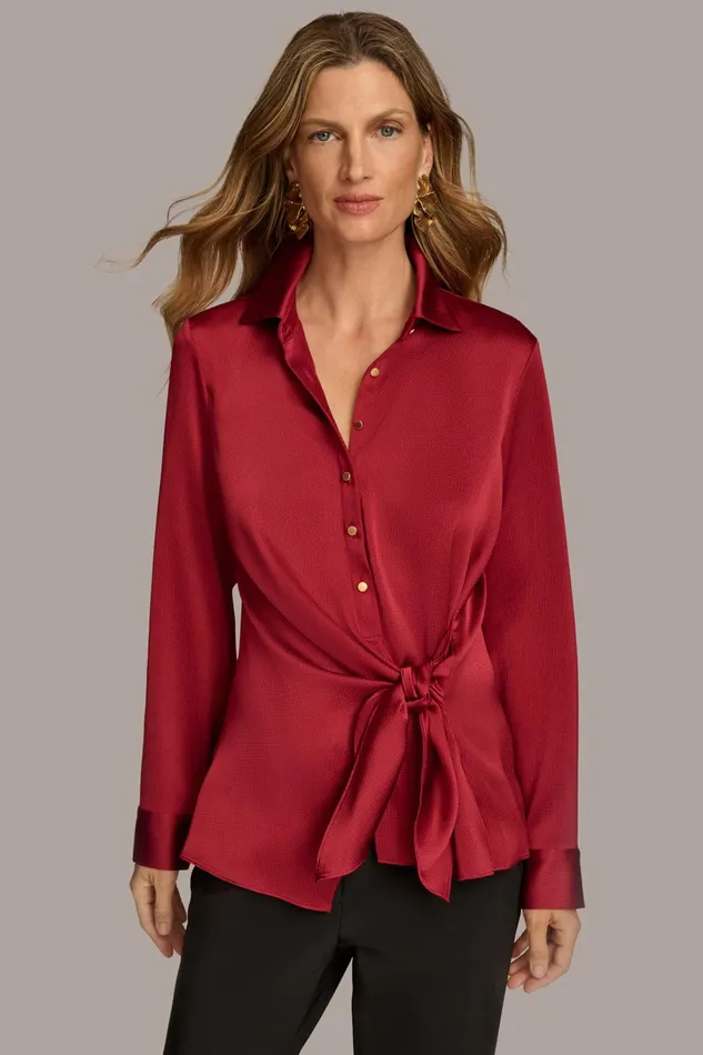 Women Sweaters And Tops Donna Karan BUTTON FRONT TIE WAIST TOP Metropolitan Red