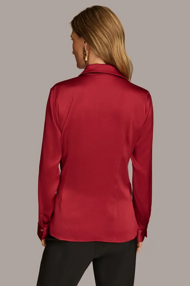 Women Sweaters And Tops Donna Karan BUTTON FRONT TIE WAIST TOP Metropolitan Red
