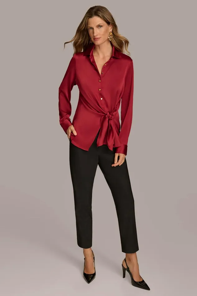 Women Sweaters And Tops Donna Karan BUTTON FRONT TIE WAIST TOP Metropolitan Red