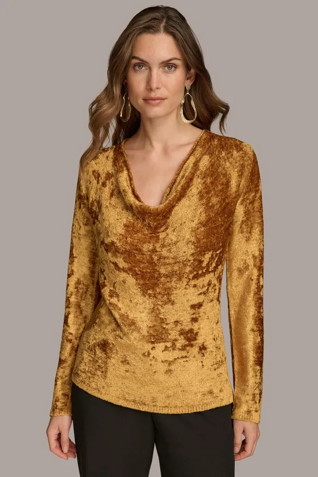 Women Sweaters And Tops Donna Karan COWL NECK TOP Antique Gold