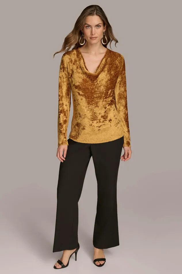 Women Sweaters And Tops Donna Karan COWL NECK TOP Antique Gold