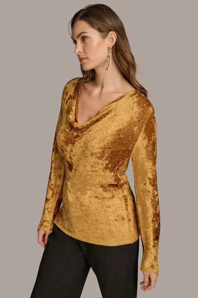 Women Sweaters And Tops Donna Karan COWL NECK TOP Antique Gold