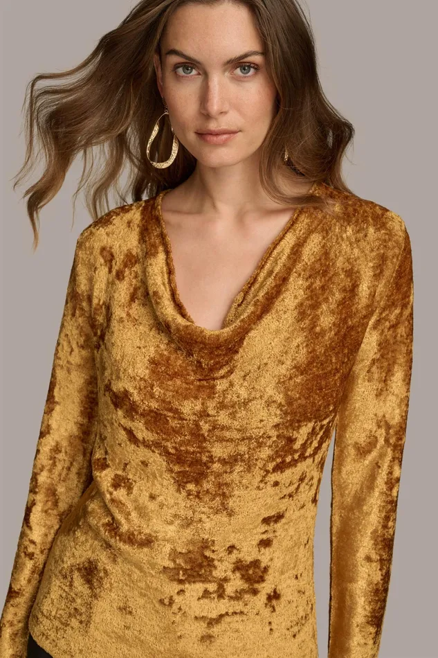 Women Sweaters And Tops Donna Karan COWL NECK TOP Antique Gold