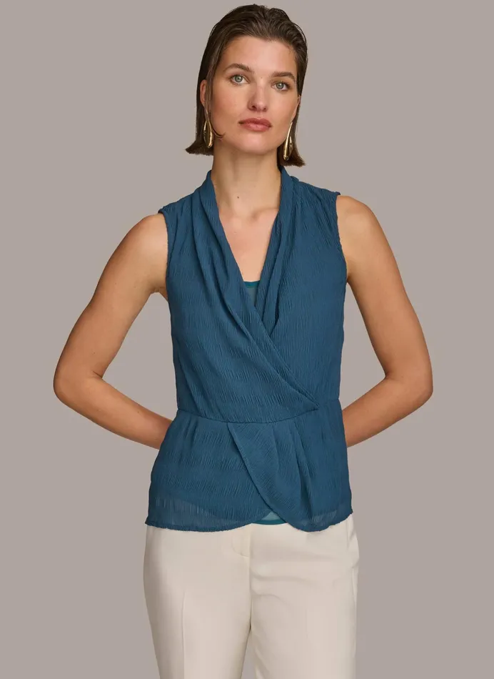 Women Sweaters And Tops Donna Karan FAUX WRAP PEPLUM TOP Tide Navy