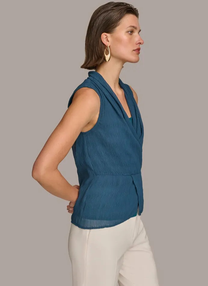 Women Sweaters And Tops Donna Karan FAUX WRAP PEPLUM TOP Tide Navy