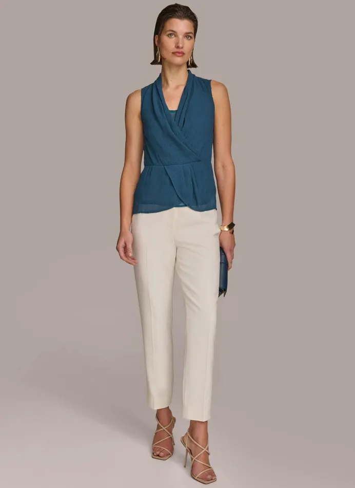 Women Sweaters And Tops Donna Karan FAUX WRAP PEPLUM TOP Tide Navy