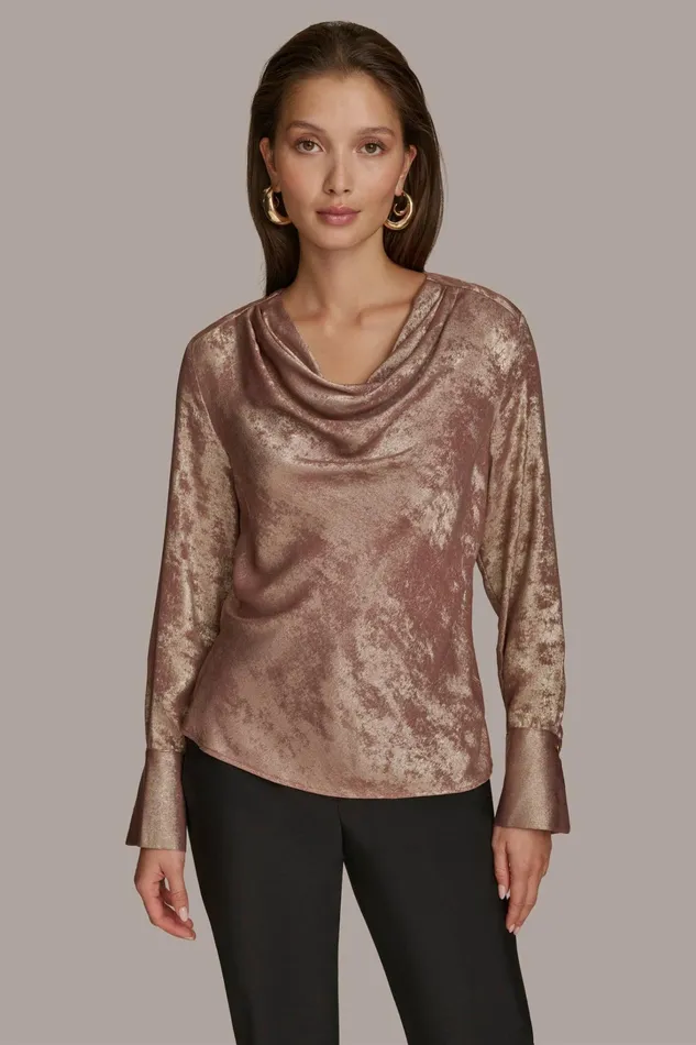 Women Sweaters And Tops Donna Karan METALLIC COWL NECK TOP Mink