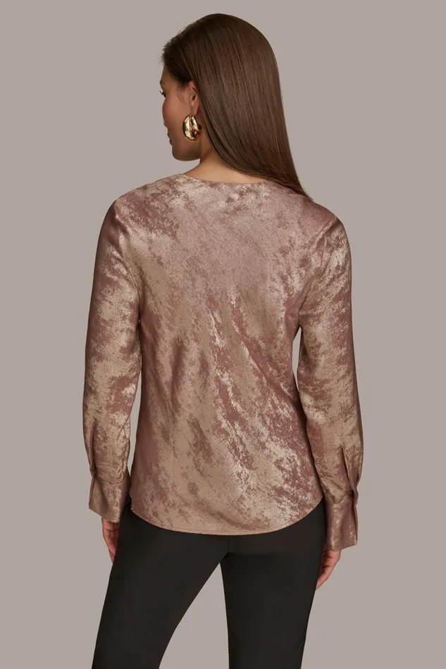 Women Sweaters And Tops Donna Karan METALLIC COWL NECK TOP Mink