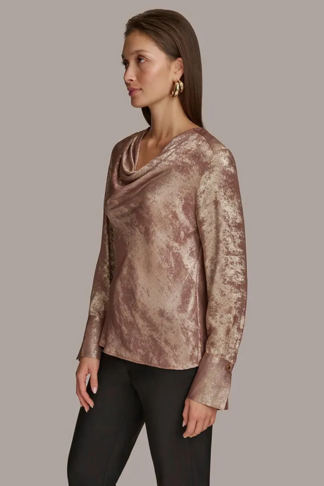 Women Sweaters And Tops Donna Karan METALLIC COWL NECK TOP Mink