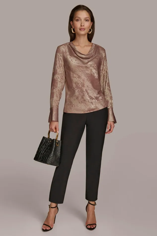 Women Sweaters And Tops Donna Karan METALLIC COWL NECK TOP Mink