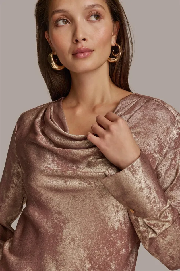 Women Sweaters And Tops Donna Karan METALLIC COWL NECK TOP Mink