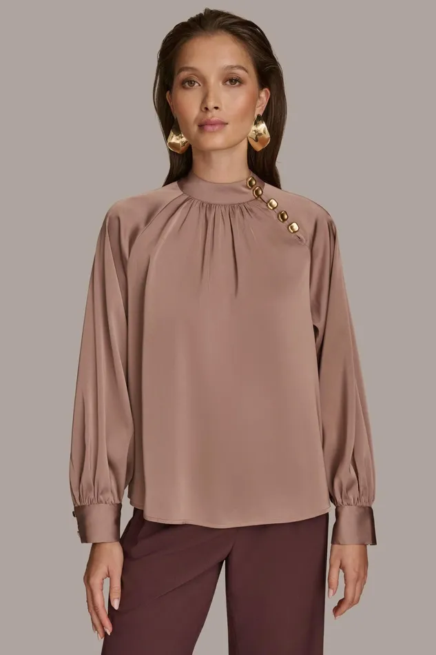 Women Sweaters And Tops Donna Karan MOCK NECK WITH BUTTONS Mink