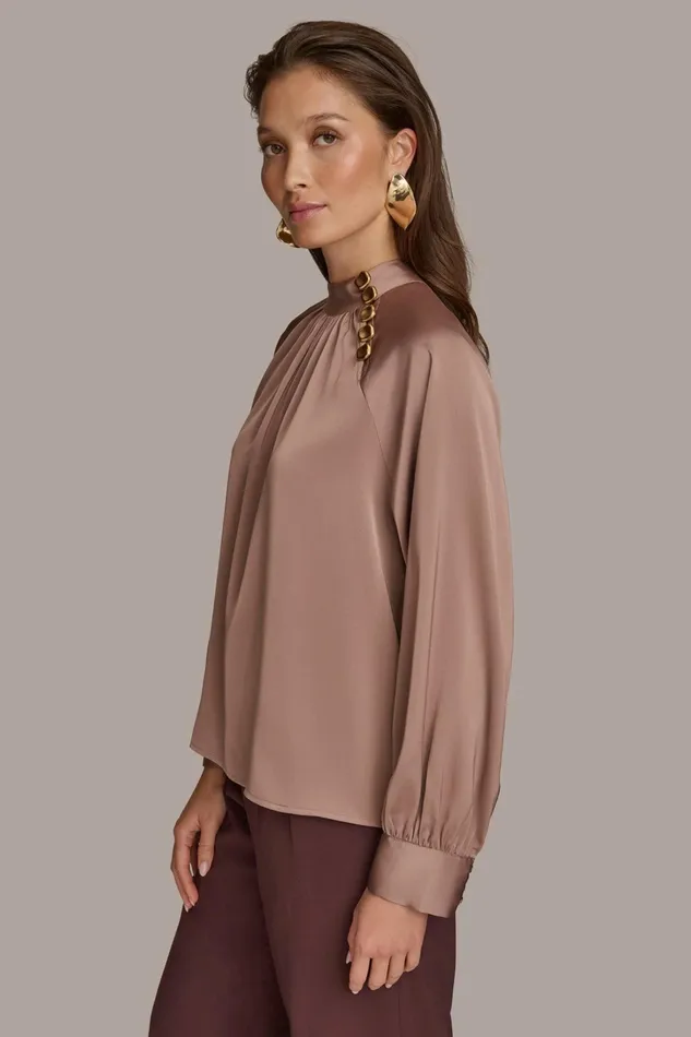 Women Sweaters And Tops Donna Karan MOCK NECK WITH BUTTONS Mink