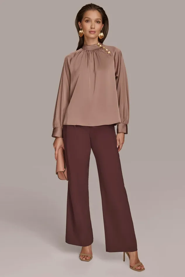 Women Sweaters And Tops Donna Karan MOCK NECK WITH BUTTONS Mink