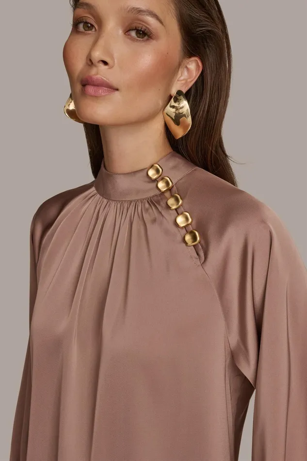 Women Sweaters And Tops Donna Karan MOCK NECK WITH BUTTONS Mink