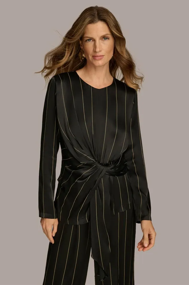 Women Sweaters And Tops Donna Karan PINSTRIPE TIE WAIST TOP Black