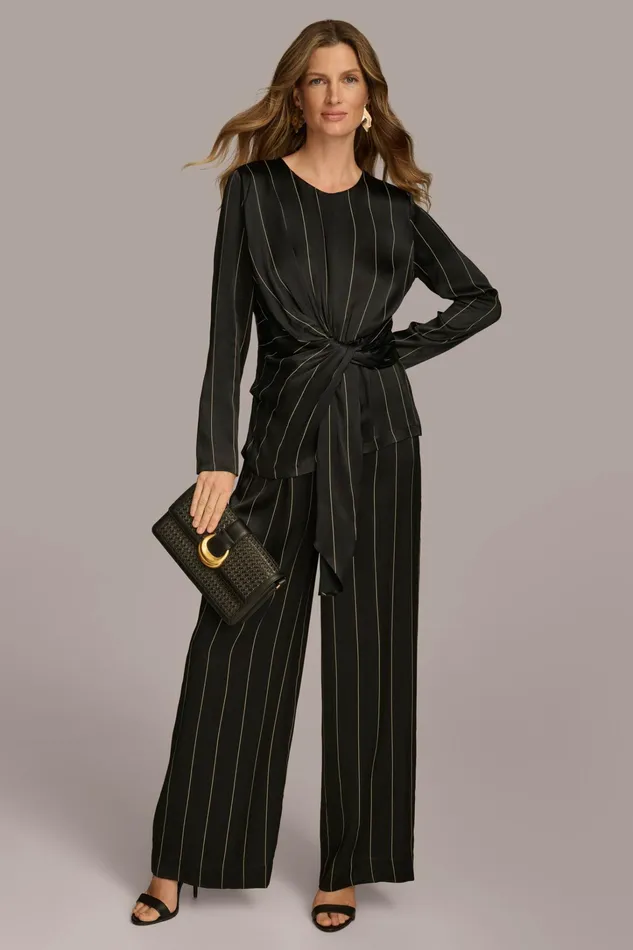 Women Sweaters And Tops Donna Karan PINSTRIPE TIE WAIST TOP Black