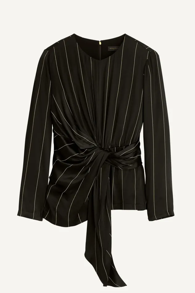 Women Sweaters And Tops Donna Karan PINSTRIPE TIE WAIST TOP Black