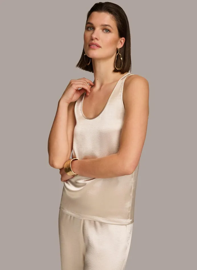 Women Sweaters And Tops Donna Karan ROUND NECK SHINY TANK Sand