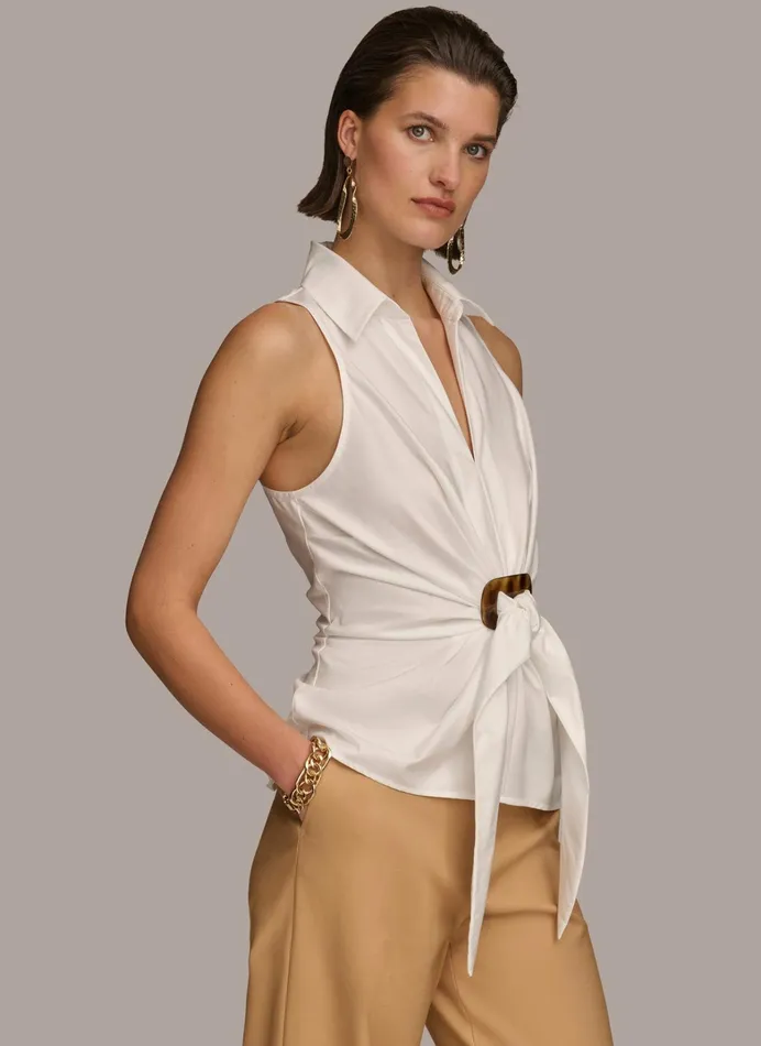 Women Sweaters And Tops Donna Karan TORTOISE HARDWARE KNOT TOP Cream