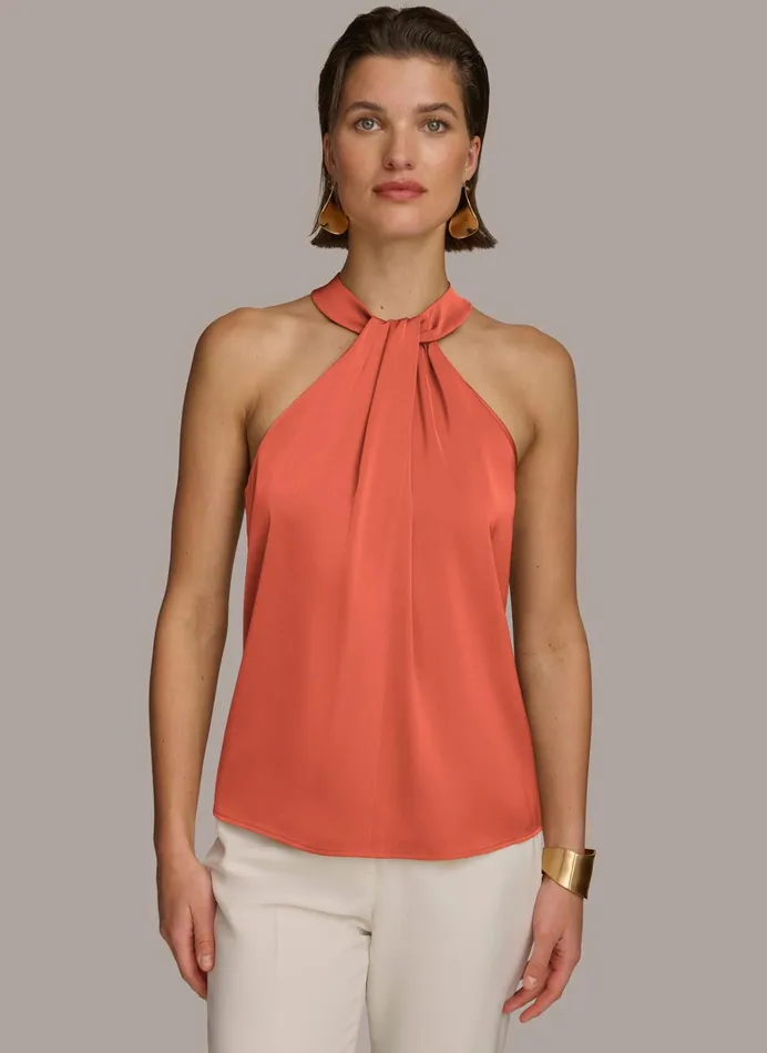 Women Sweaters And Tops Donna Karan TWIST NECK HALTER TOP Terracotta