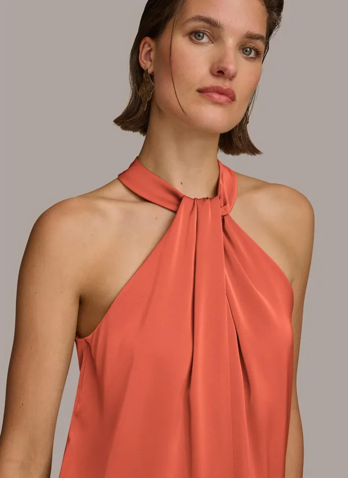 Women Sweaters And Tops Donna Karan TWIST NECK HALTER TOP Terracotta