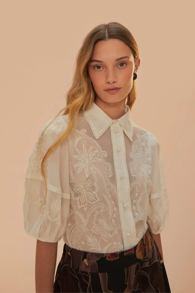 Women White Embroidered Short Sleeve Blouse White FARM Rio Blouses