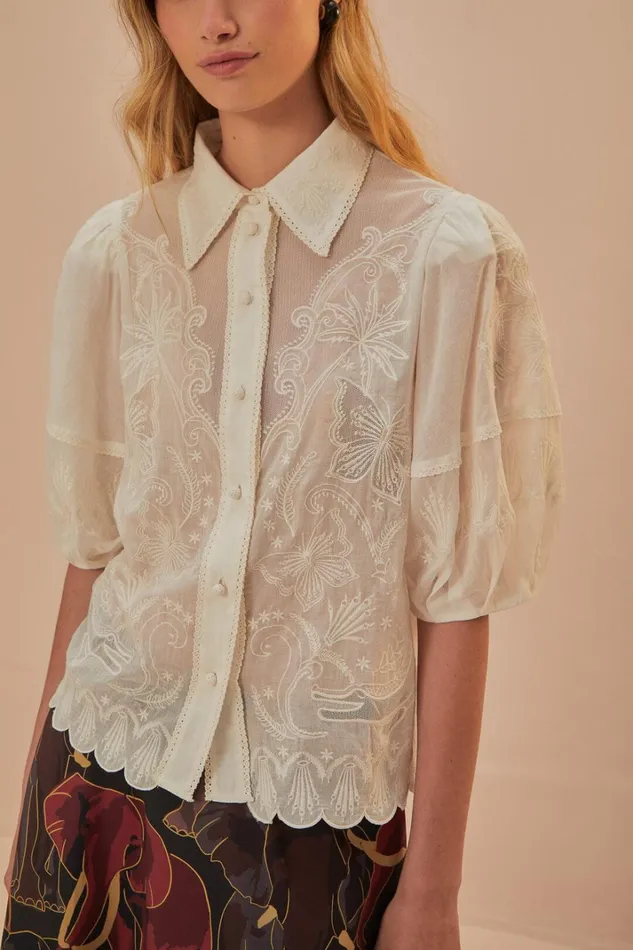 Women White Embroidered Short Sleeve Blouse White FARM Rio Blouses
