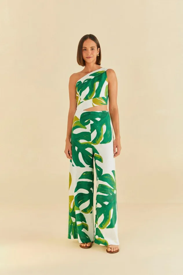 Women White Monstera One Shoulder Jumpsuit White Monstera FARM Rio Jumpsuits