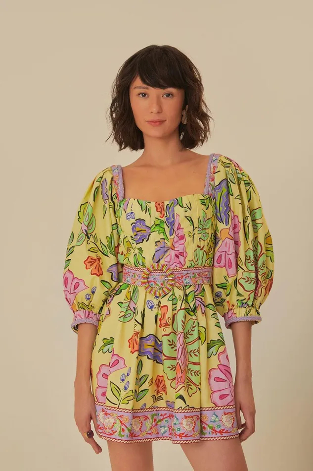 Women Yellow Floral Insects Short Sleeves Mini Dress Floral Insects Yellow FARM Rio Mini Dresses