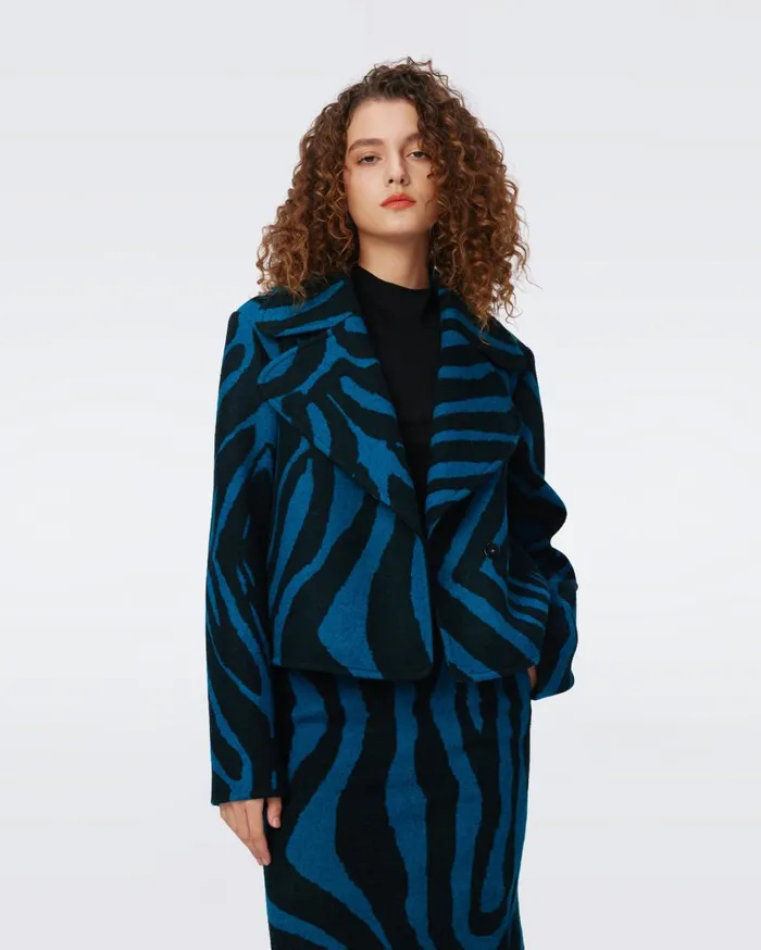 Women Yilia Jacquard Coat Huge Zebra Indian Green DVF Jackets and Coats