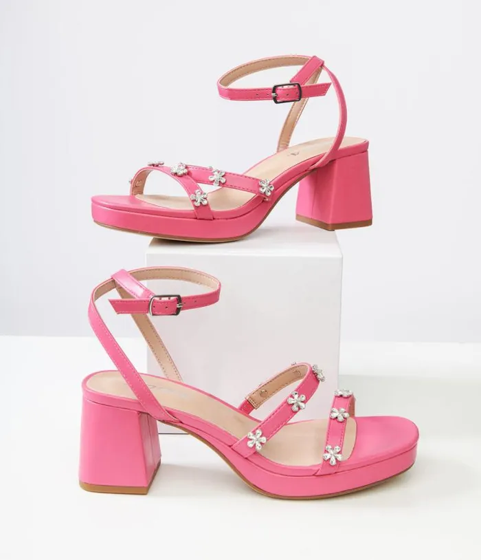 Y2K Pink Leatherette and Rhinestone Floral Platform Heels Shoes Unique Vintage Sandals Y2K Pink Leatherette and Rhinestone Floral Platform Heels Shoes Unique Vintage Sandals