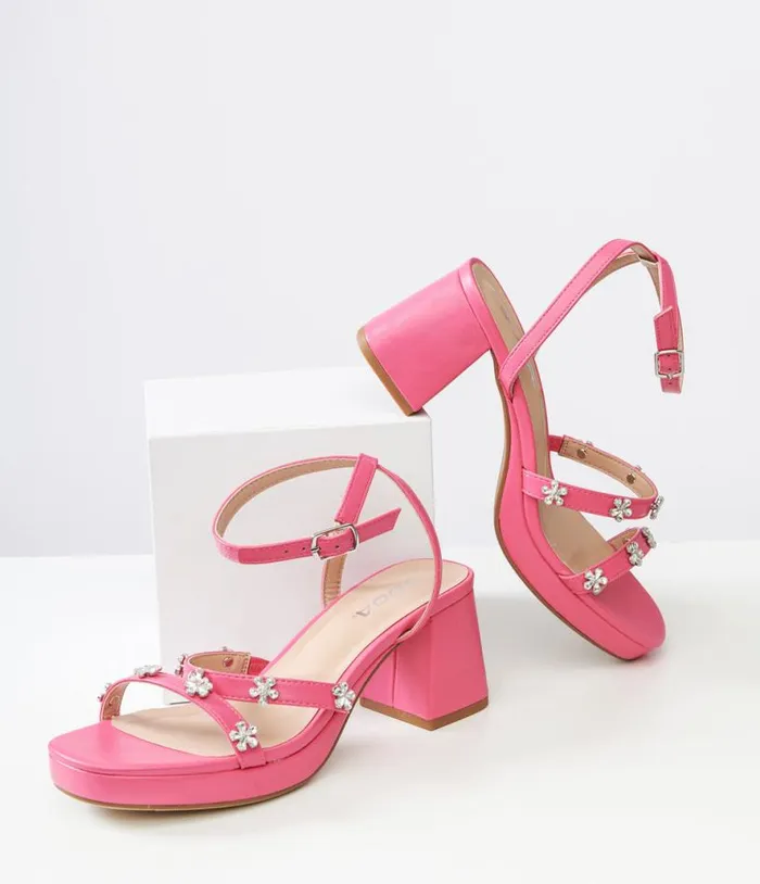 Y2K Pink Leatherette and Rhinestone Floral Platform Heels Shoes Unique Vintage Sandals