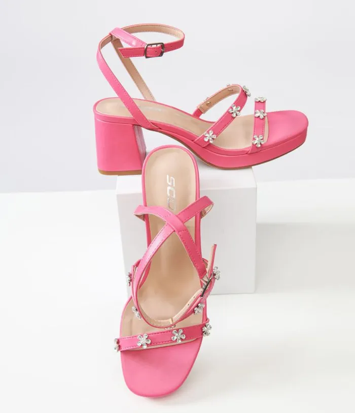 Y2K Pink Leatherette and Rhinestone Floral Platform Heels Shoes Unique Vintage Sandals