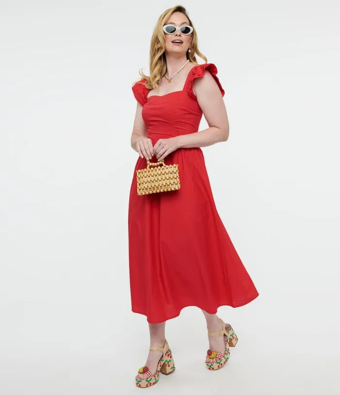 Y2K Red Flutter Sleeve Poplin Midi Dress Dresses Unique Vintage Midi