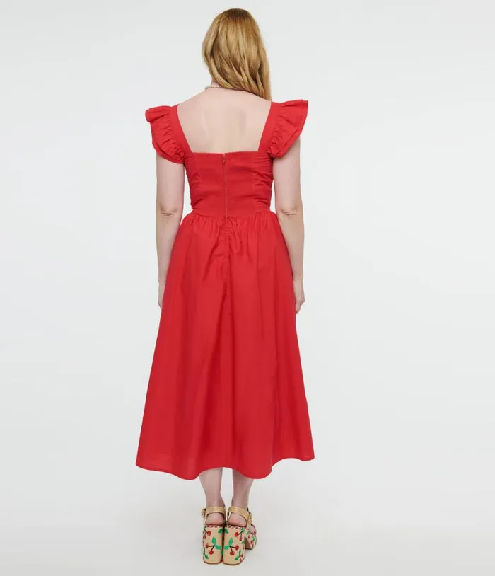 Y2K Red Flutter Sleeve Poplin Midi Dress Dresses Unique Vintage Midi