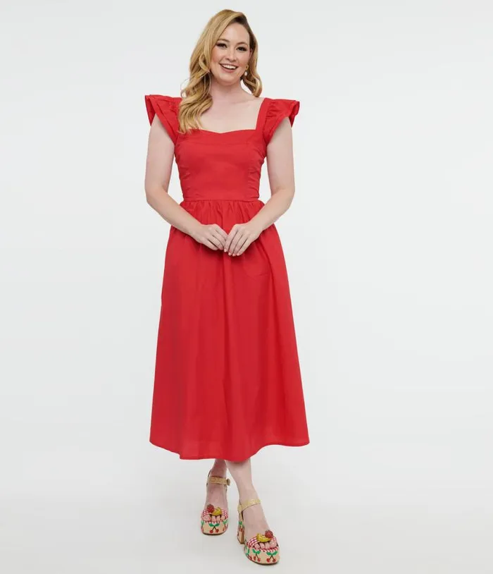 Y2K Red Flutter Sleeve Poplin Midi Dress Dresses Unique Vintage Midi