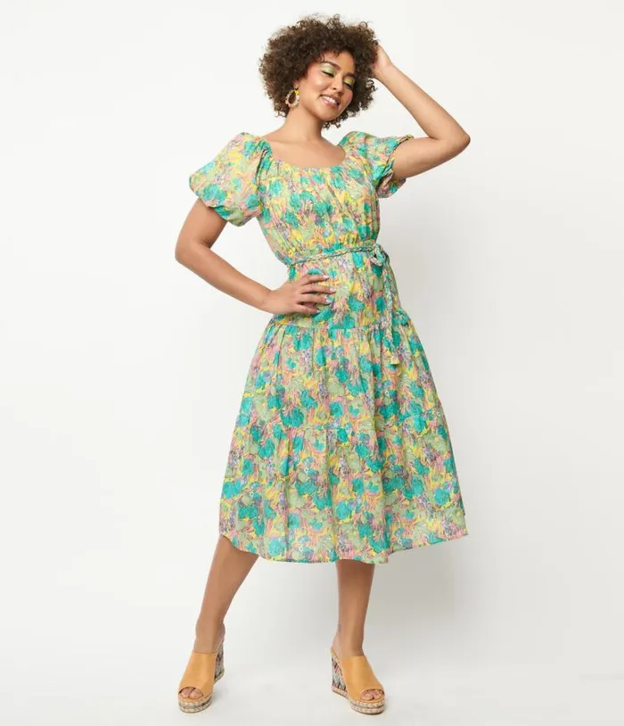 Yellow and Green Floral Tiered Midi Dress Dresses Unique Vintage Midi
